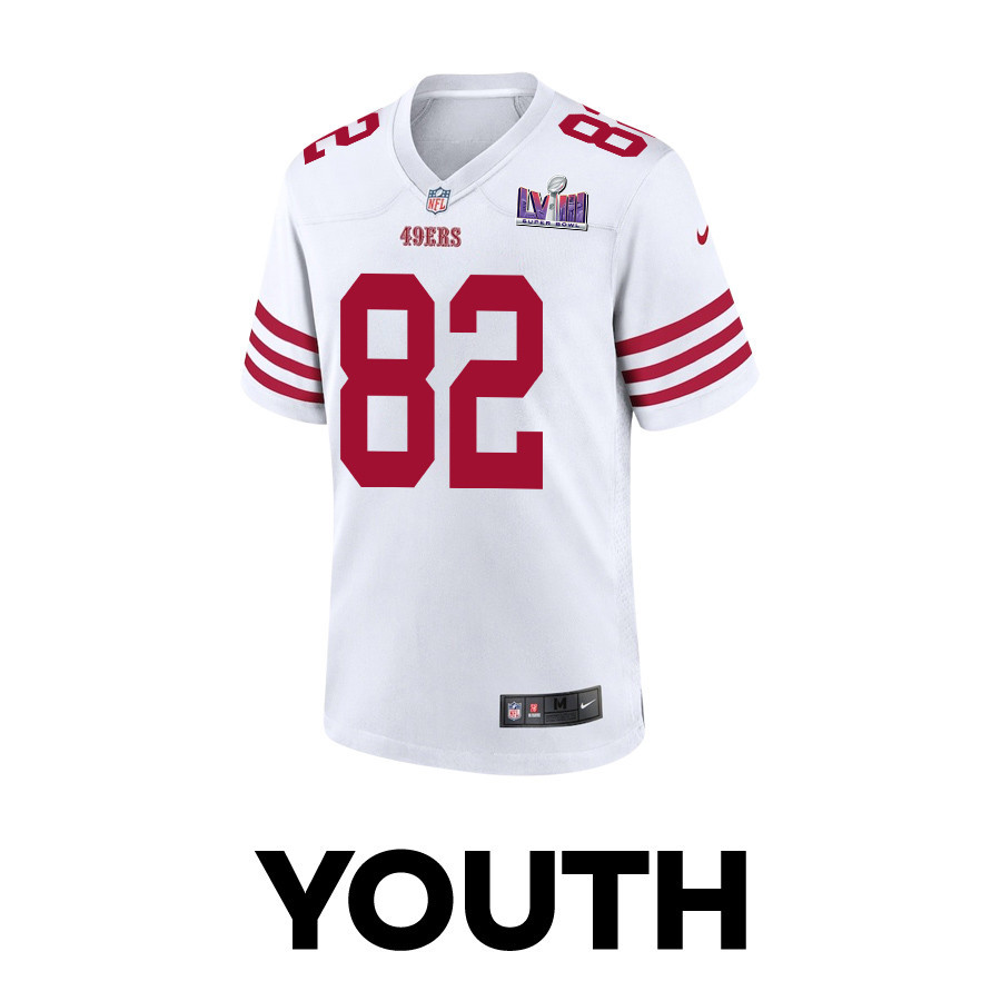 Alternative view of Ross Dwelley 82 San Francisco 49ers Super Bowl LVIII Patch Game YOUTH Jersey - White JS4214 nicesnker