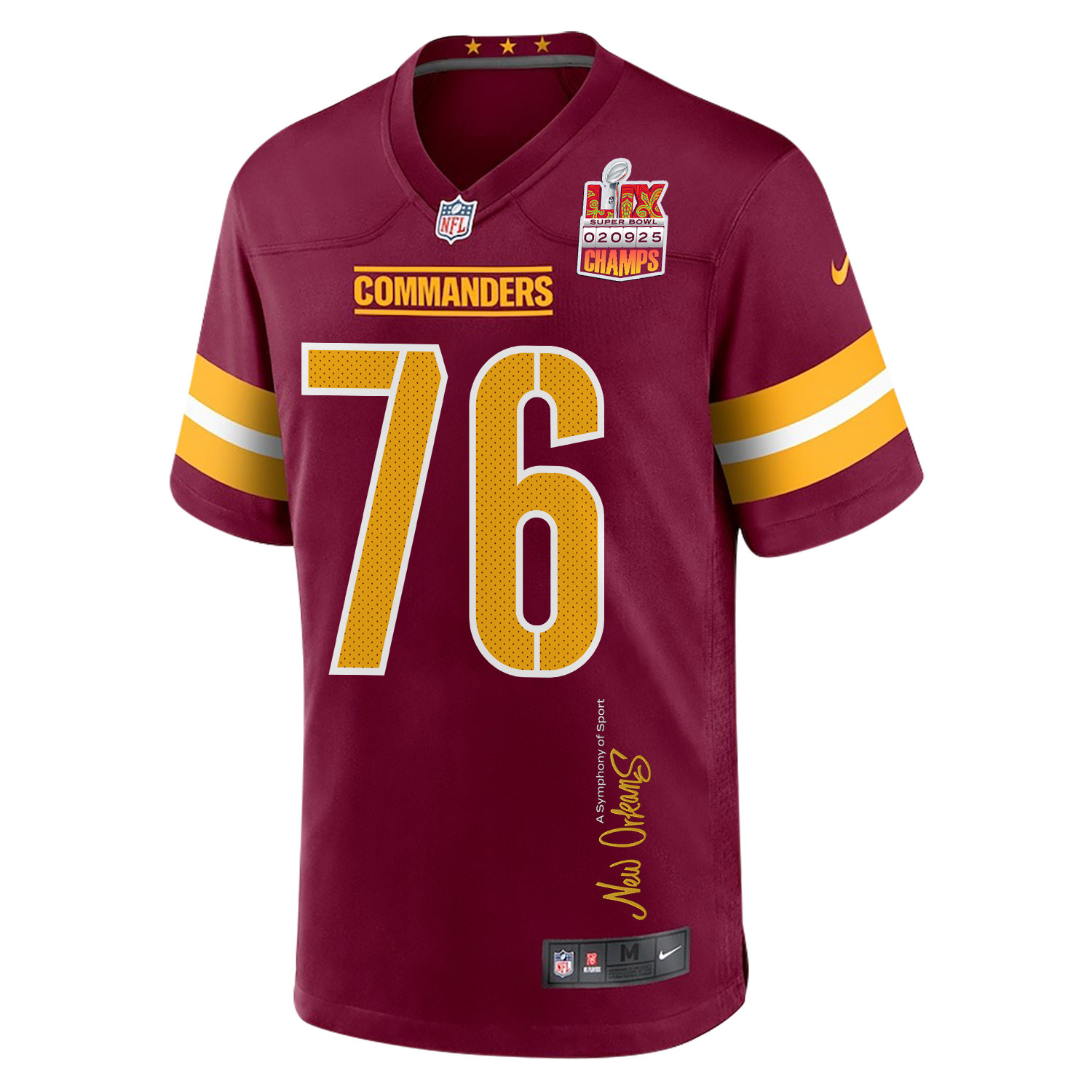 Sam Cosmi 76 Washington Commanders Super Bowl LIX Champions Patch 'New Orleans - A Symphony of Sport' EMBROIDERED Game Men Jersey - Burgundy JS8155 nicesnker - Image 3