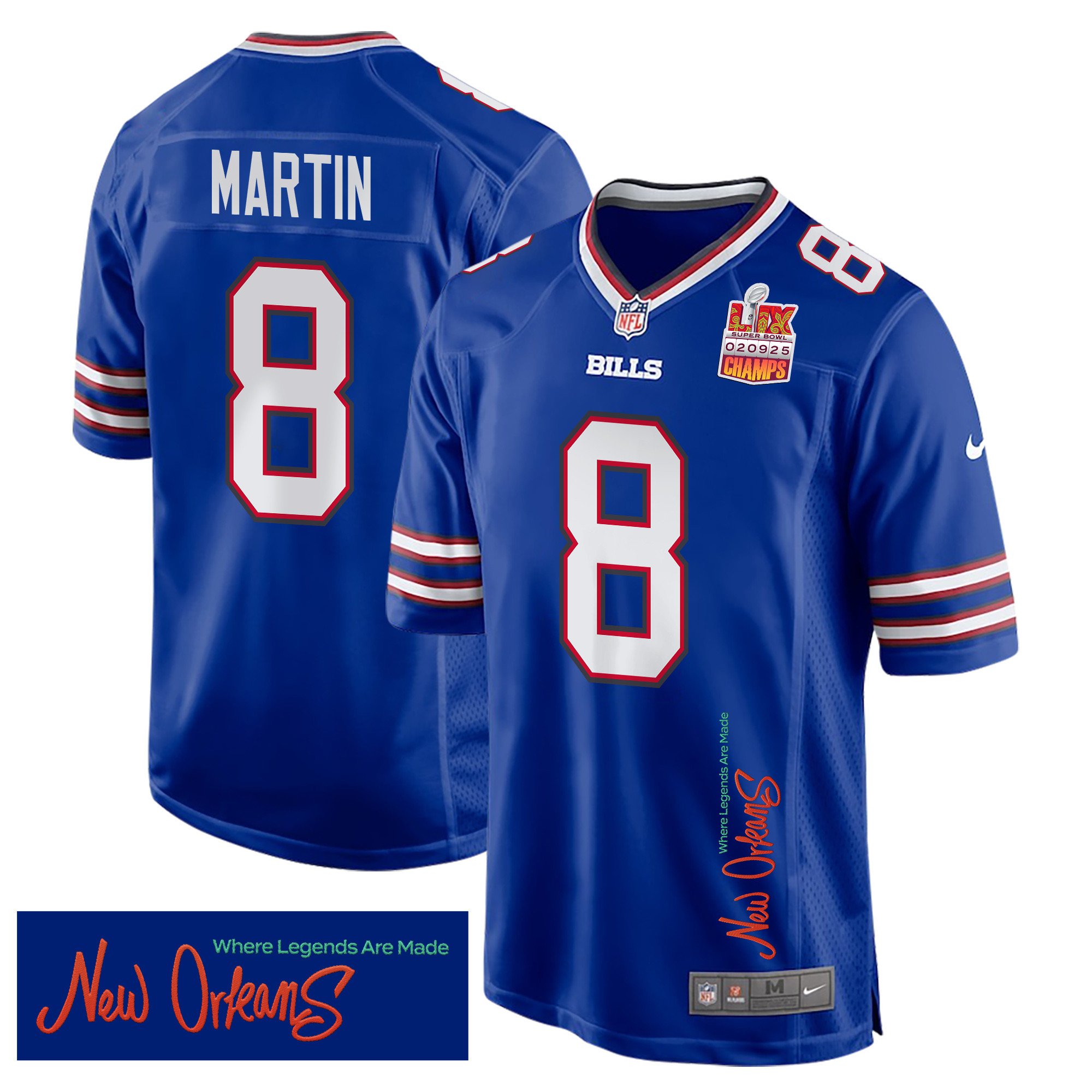 Sam Martin 8 Buffalo Bills Super Bowl LIX Champions Patch 'New Orleans - Where Legends Are Made' EMBROIDERED Game Men Jersey - Royal JS3808 nicesnker
