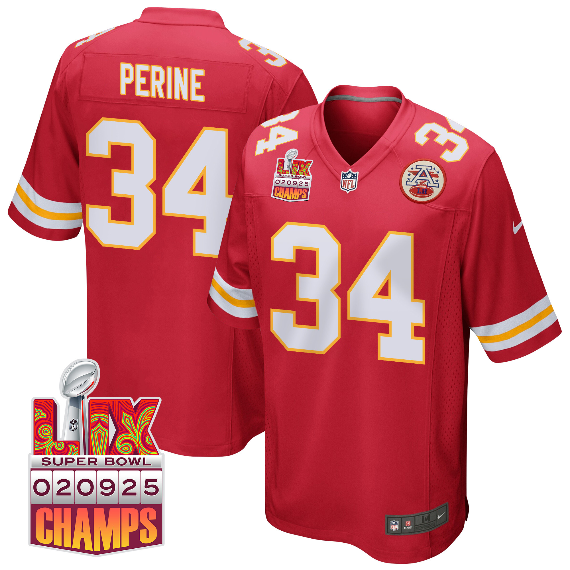 Samaje Perine 34 Kansas City Chiefs Super Bowl LIX Champions Patch Game Men Jersey - Red JS3478 nicesnker