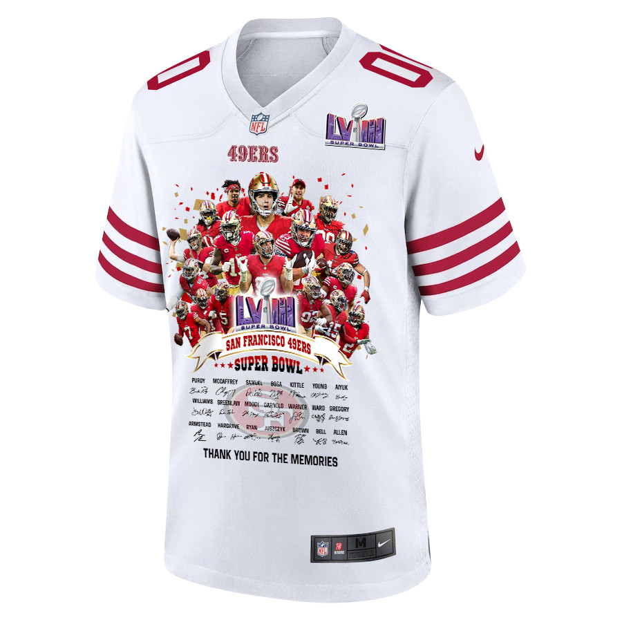 Alternative view of San Francisco 49ers Super Bowl LVIII Thanks For Memories Game Custom Men Jersey - White JS3188 nicesnker