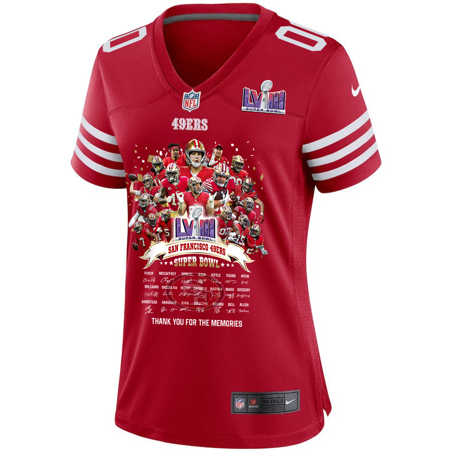 Alternative view of San Francisco 49ers Super Bowl LVIII Thanks For Memories Game Custom Women Jersey - Scarlet JS3676 nicesnker