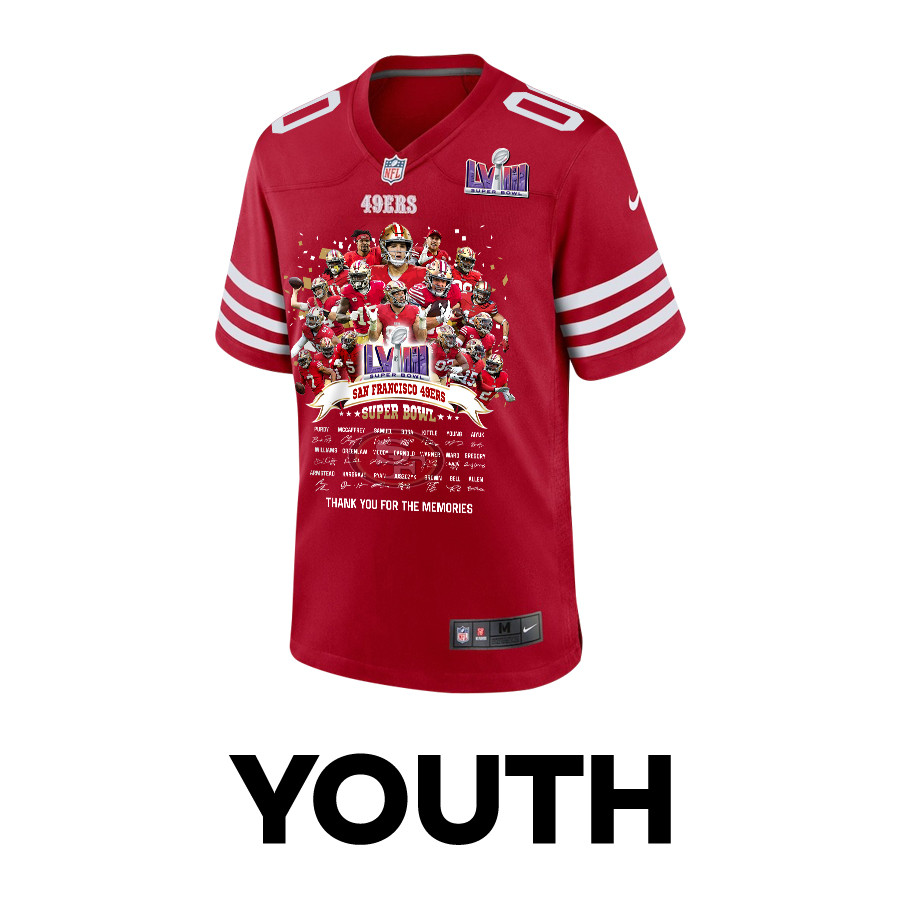 Alternative view of San Francisco 49ers Super Bowl LVIII Thanks For Memories Game Custom YOUTH Jersey - Scarlet JS6576 nicesnker