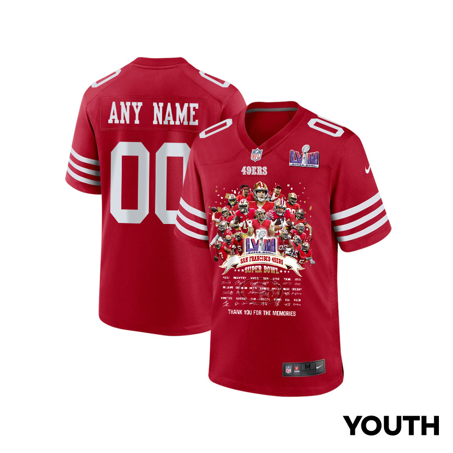 San Francisco 49ers Super Bowl LVIII Thanks For Memories Game Custom YOUTH Jersey - Scarlet JS6576 nicesnker