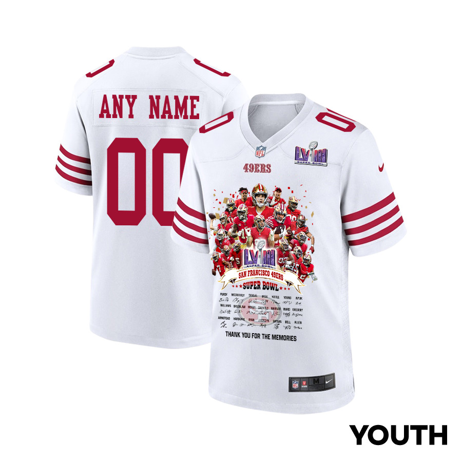San Francisco 49ers Super Bowl LVIII Thanks For Memories Game Custom YOUTH Jersey - White JS9519 nicesnker