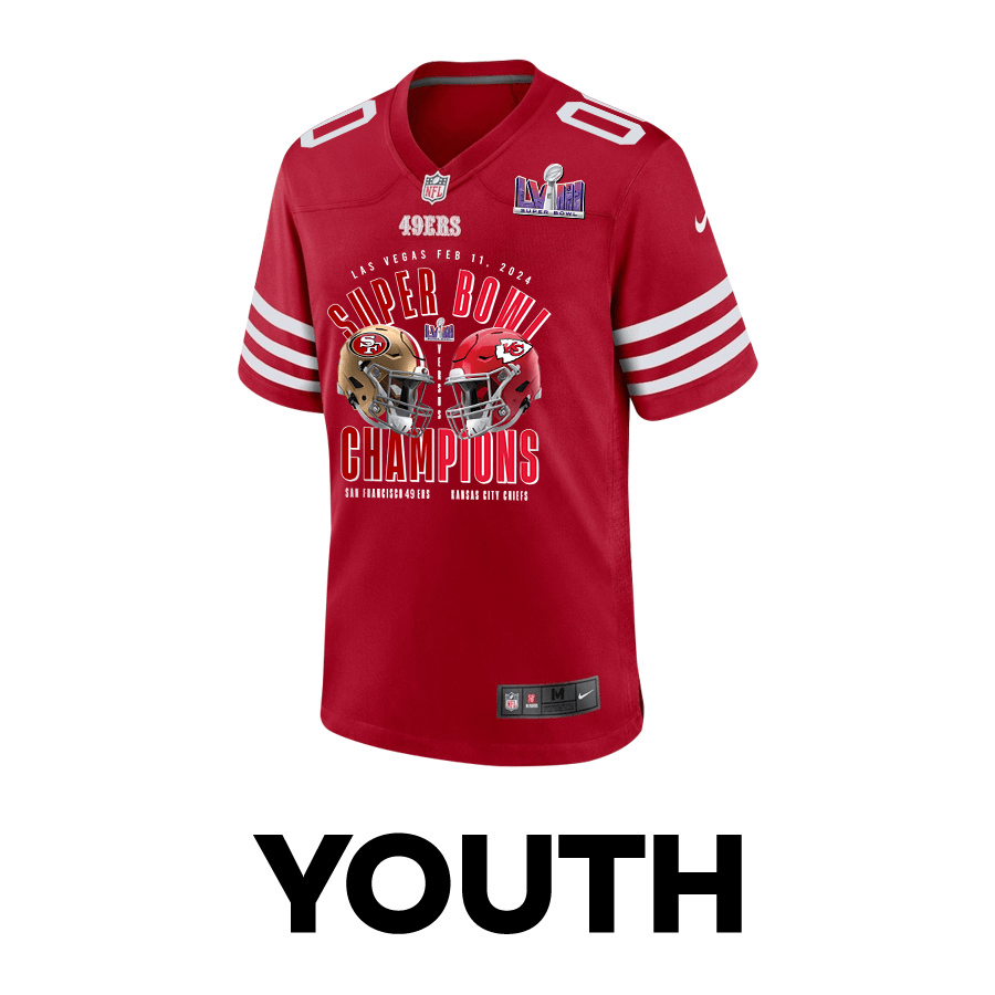Alternative view of San Francisco 49ers vs. Kansas City Chiefs Super Bowl LVIII Matchup Game Custom YOUTH Jersey - Scarlet JS7647 nicesnker