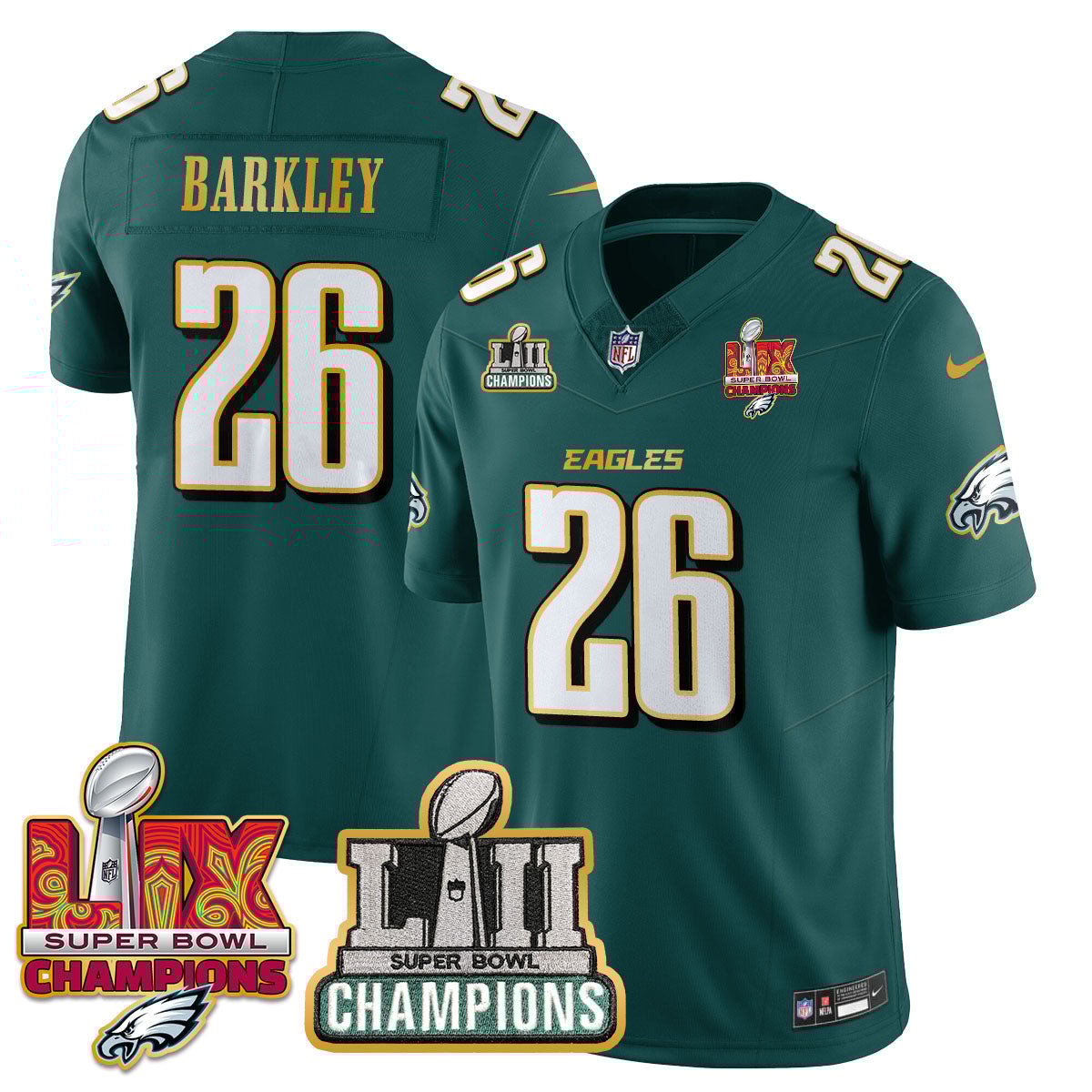 Saquon Barkley 26 Philadelphia Eagles LII-LIX Super Bowl Champions Vapor Limited Gold Jersey - Midnight Green JS3116 nicesnker