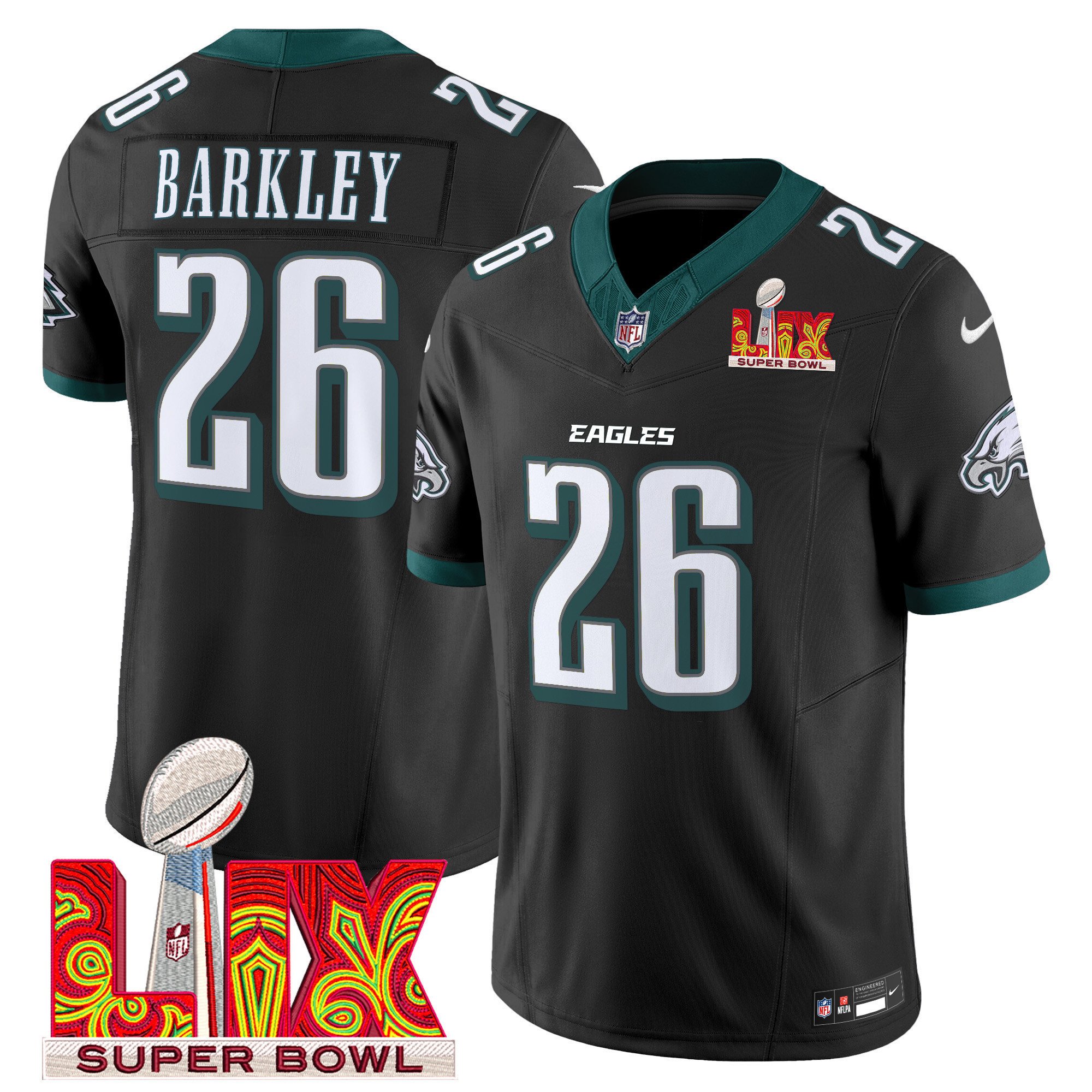 Saquon Barkley 26 Philadelphia Eagles Super Bowl Champions LIX Patch Vapor Limited Jersey - Black JS1324 nicesnker