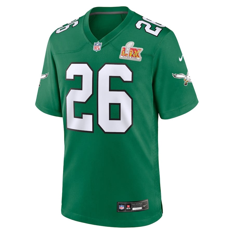 Alternative view of Saquon Barkley 26 Philadelphia Eagles Super Bowl LIX 2nd Alternate Game Jersey - Kelly Green JS4501 nicesnker