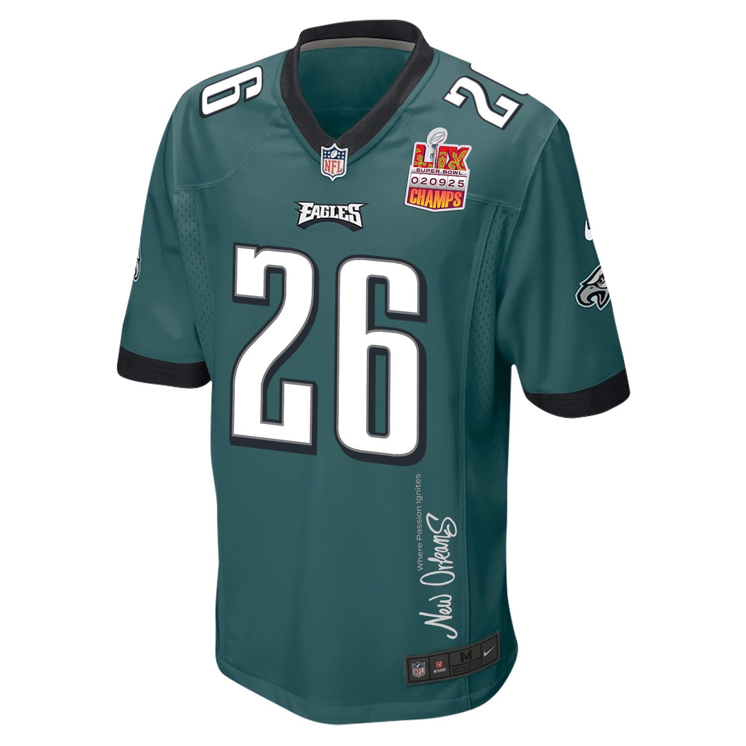 Saquon Barkley 26 Philadelphia Eagles Super Bowl LIX Champions Patch 'New Orleans - Where Passion Ignites' EMBROIDERED Game Men Jersey - Midnight Green JS6630 nicesnker - Image 3