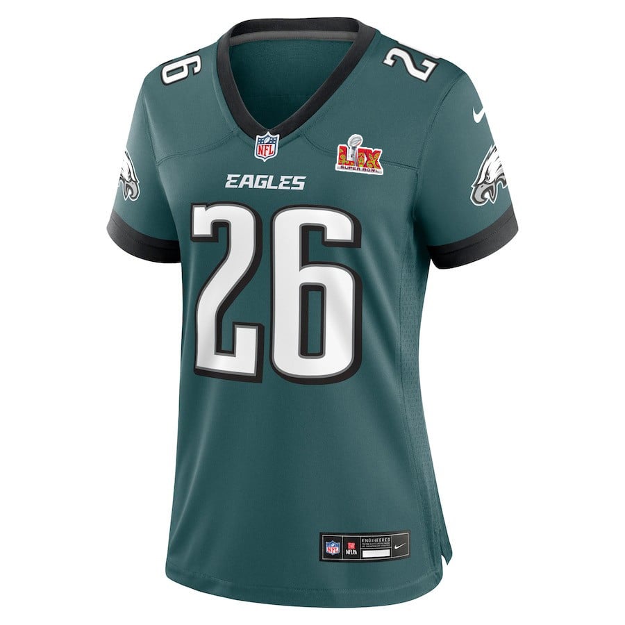 Alternative view of Saquon Barkley #26 Philadelphia Eagles Super Bowl LIX Women's Jersey - Midnight Green JS9901 nicesnker