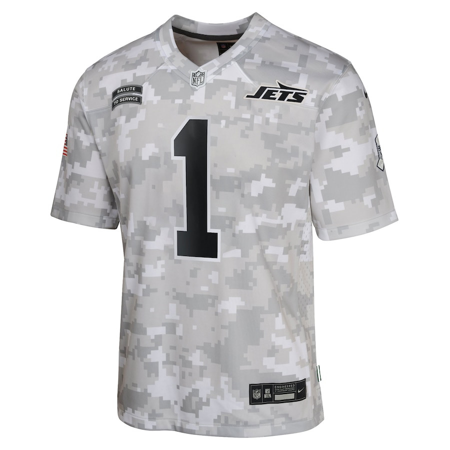 Alternative view of Sauce Gardner 1 New York Jets 2024 Salute to Service Game YOUTH Jersey - Arctic Camo JS9753 nicesnker