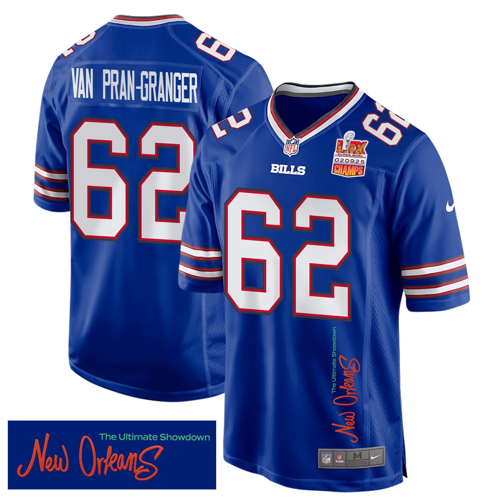 Sedrick Van Pran-Granger 62 Buffalo Bills Super Bowl LIX Champions Patch 'New Orleans - The Ultimate Showdown' EMBROIDERED Game Men Jersey - Royal JS1888 nicesnker
