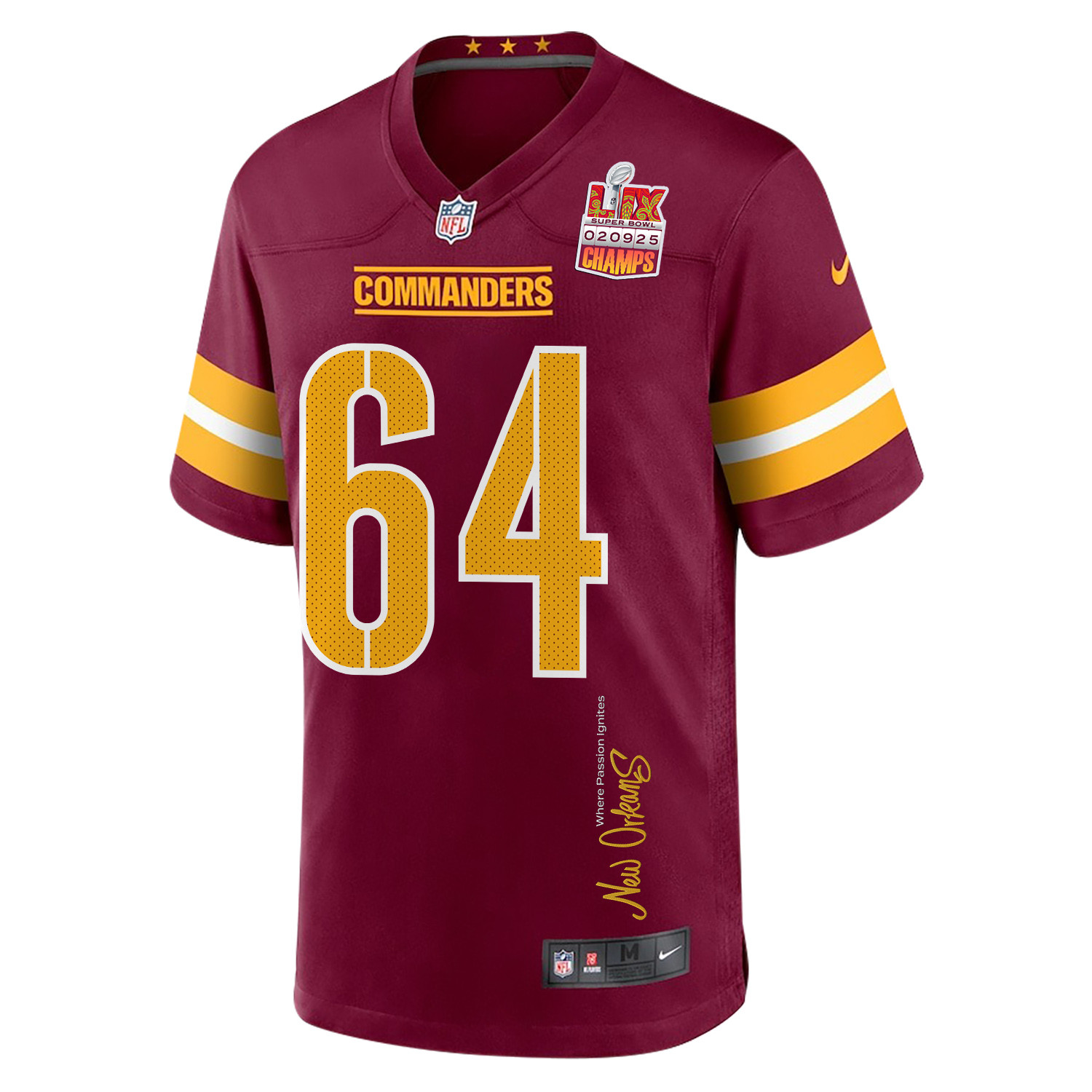 Sheldon Day 64 Washington Commanders Super Bowl LIX Champions Patch 'New Orleans - Where Passion Ignites' EMBROIDERED Game Men Jersey - Burgundy JS7349 nicesnker - Image 3