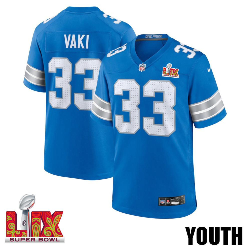 Sione Vaki #33 Detroit Lions Super Bowl LIX YOUTH Jersey - Blue JS6345 nicesnker
