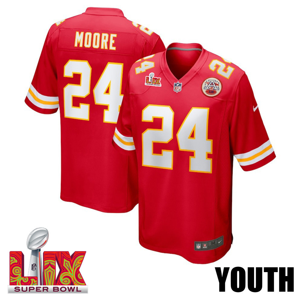 Skyy Moore #24 Kansas City Chiefs Super Bowl LIX YOUTH Jersey - Red JS4038 nicesnker