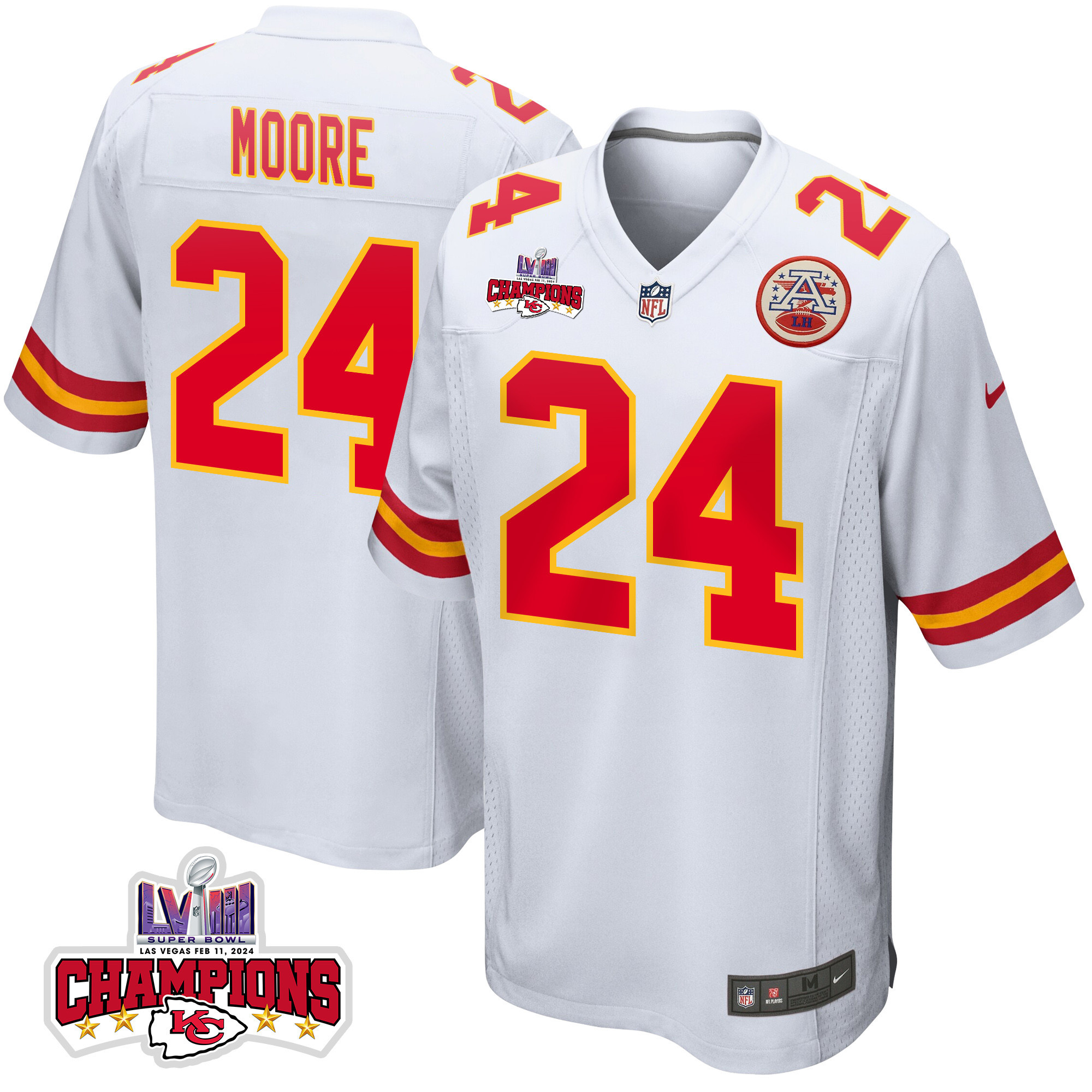 Skyy Moore 24 Kansas City Chiefs Super Bowl LVIII Champions 4 Stars Patch Game Men Jersey - White JS8702 nicesnker