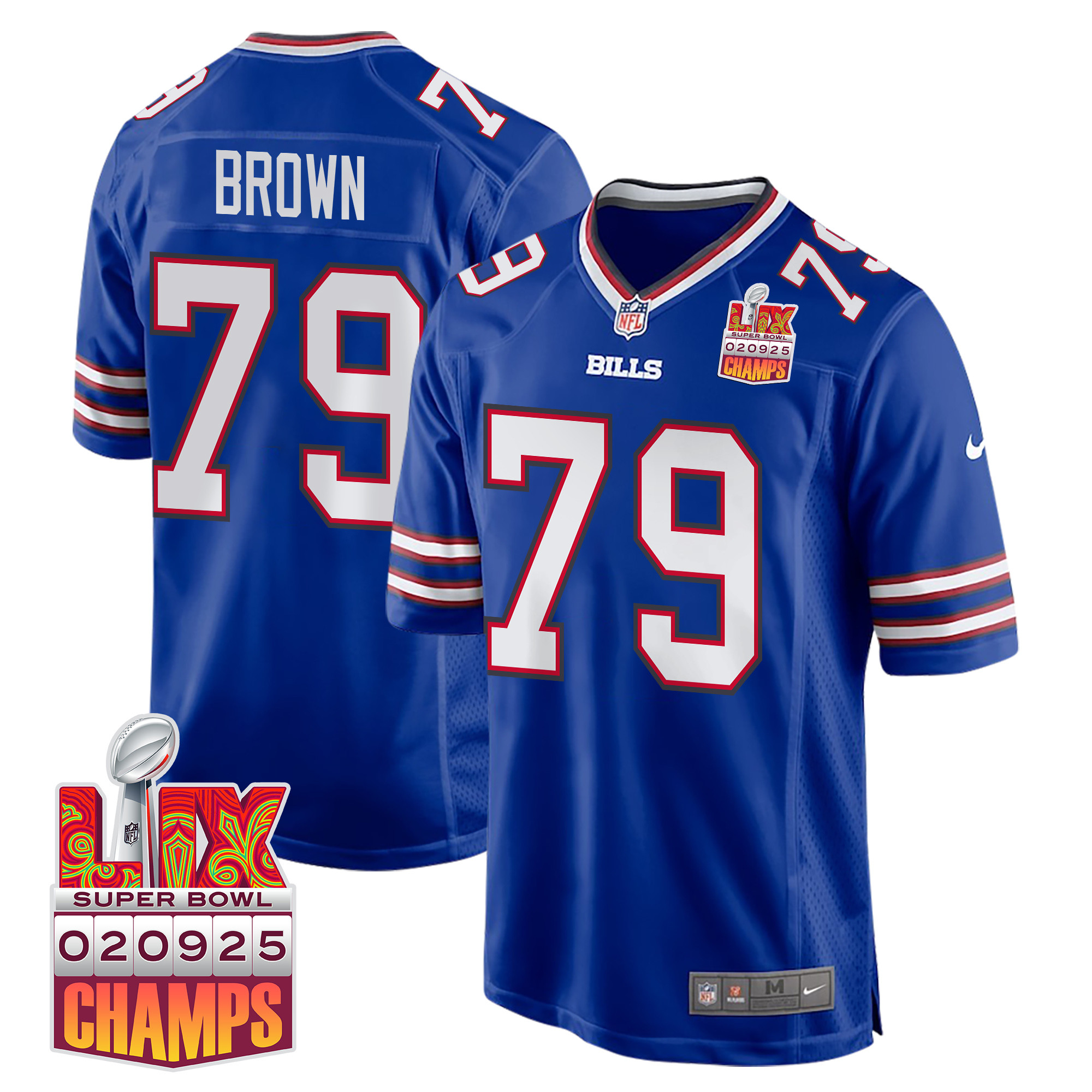 Spencer Brown 79 Buffalo Bills Super Bowl LIX Champions Patch Game Men Jersey - Royal JS6636 nicesnker