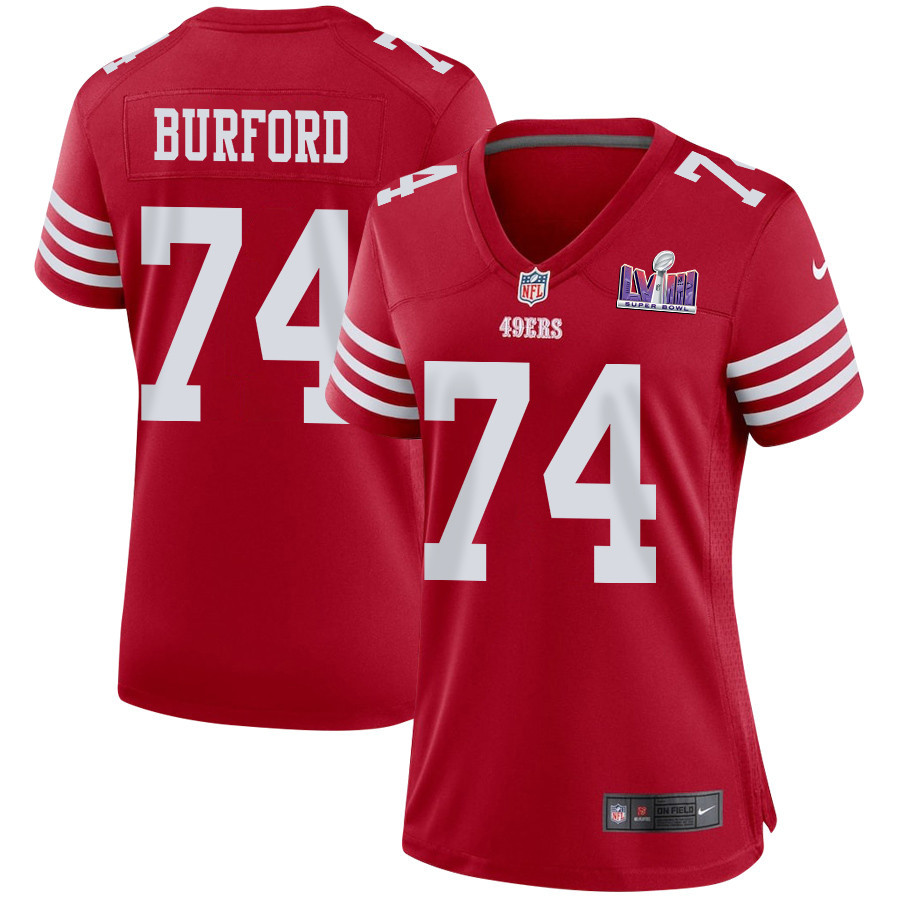 Spencer Burford 74 San Francisco 49ers Super Bowl LVIII Patch Game Women Jersey - Scarlet JS6214 nicesnker