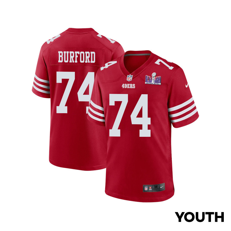 Spencer Burford 74 San Francisco 49ers Super Bowl LVIII Patch Game YOUTH Jersey - Scarlet JS8218 nicesnker