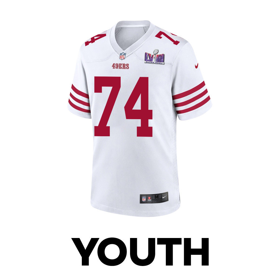 Alternative view of Spencer Burford 74 San Francisco 49ers Super Bowl LVIII Patch Game YOUTH Jersey - White JS3535 nicesnker