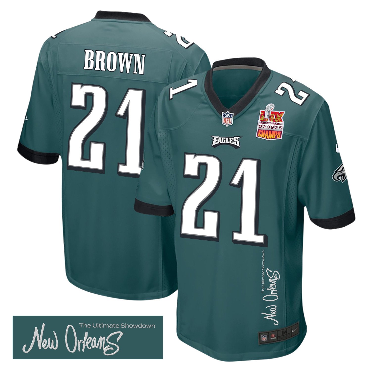 Sydney Brown 21 Philadelphia Eagles Super Bowl LIX Champions Patch 'New Orleans - The Ultimate Showdown' EMBROIDERED Game Men Jersey - Midnight Green JS6829 nicesnker