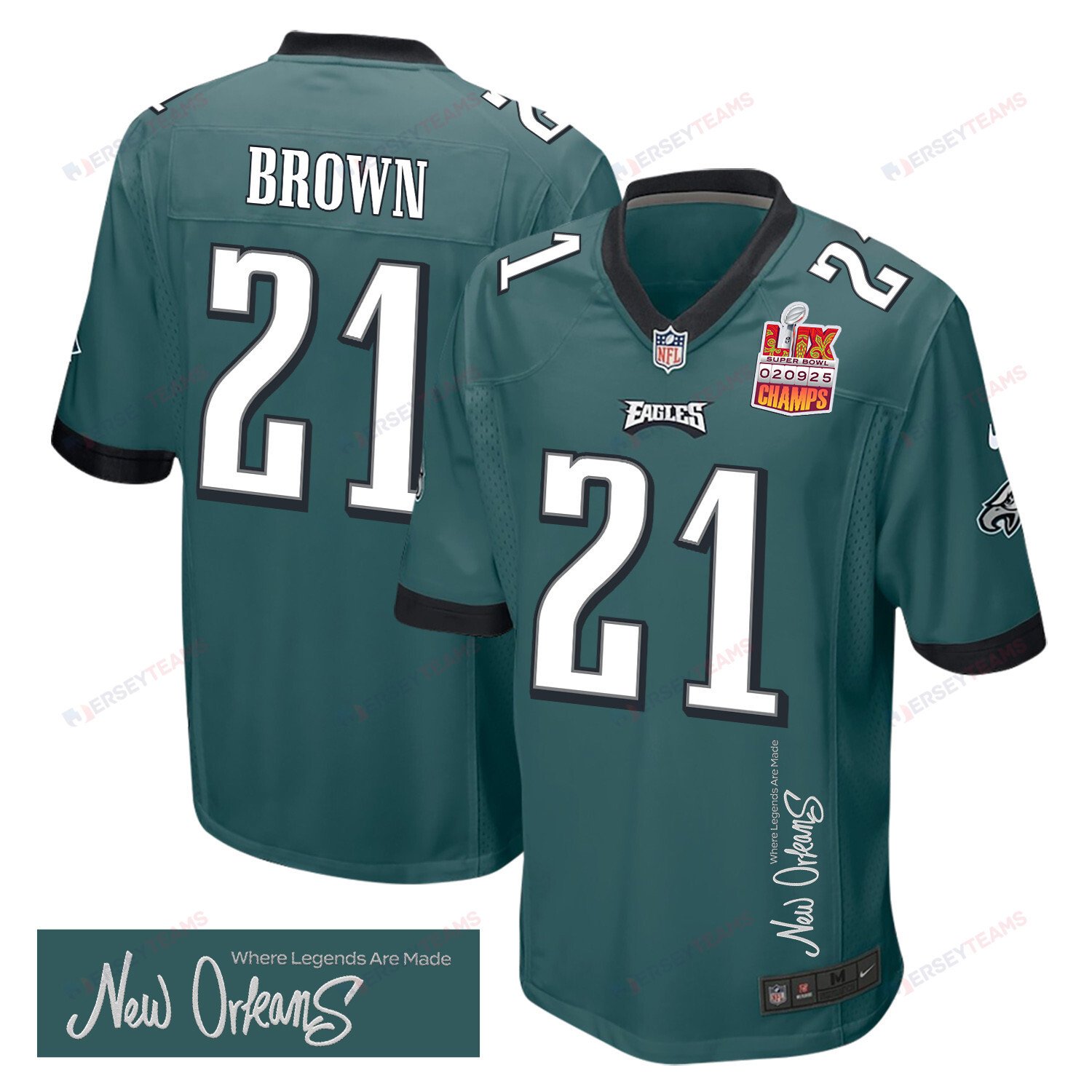 Sydney Brown 21 Philadelphia Eagles Super Bowl LIX Champions Patch 'New Orleans - Where Legends Are Made' EMBROIDERED Game Men Jersey - Midnight Green JS5741 nicesnker