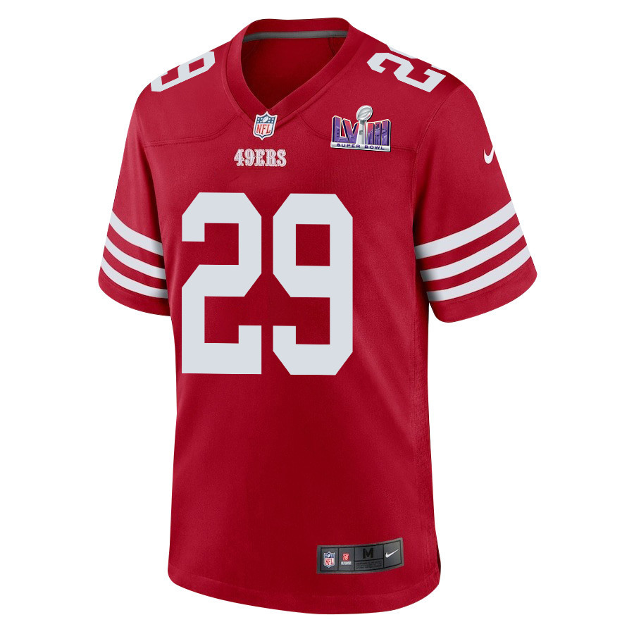Alternative view of Talanoa Hufanga 29 San Francisco 49ers Super Bowl LVIII Patch Game Men Jersey - Scarlet JS4501 nicesnker