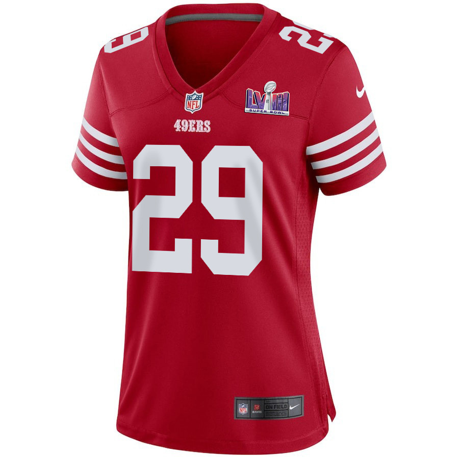 Alternative view of Talanoa Hufanga 29 San Francisco 49ers Super Bowl LVIII Patch Game Women Jersey - Scarlet JS7178 nicesnker