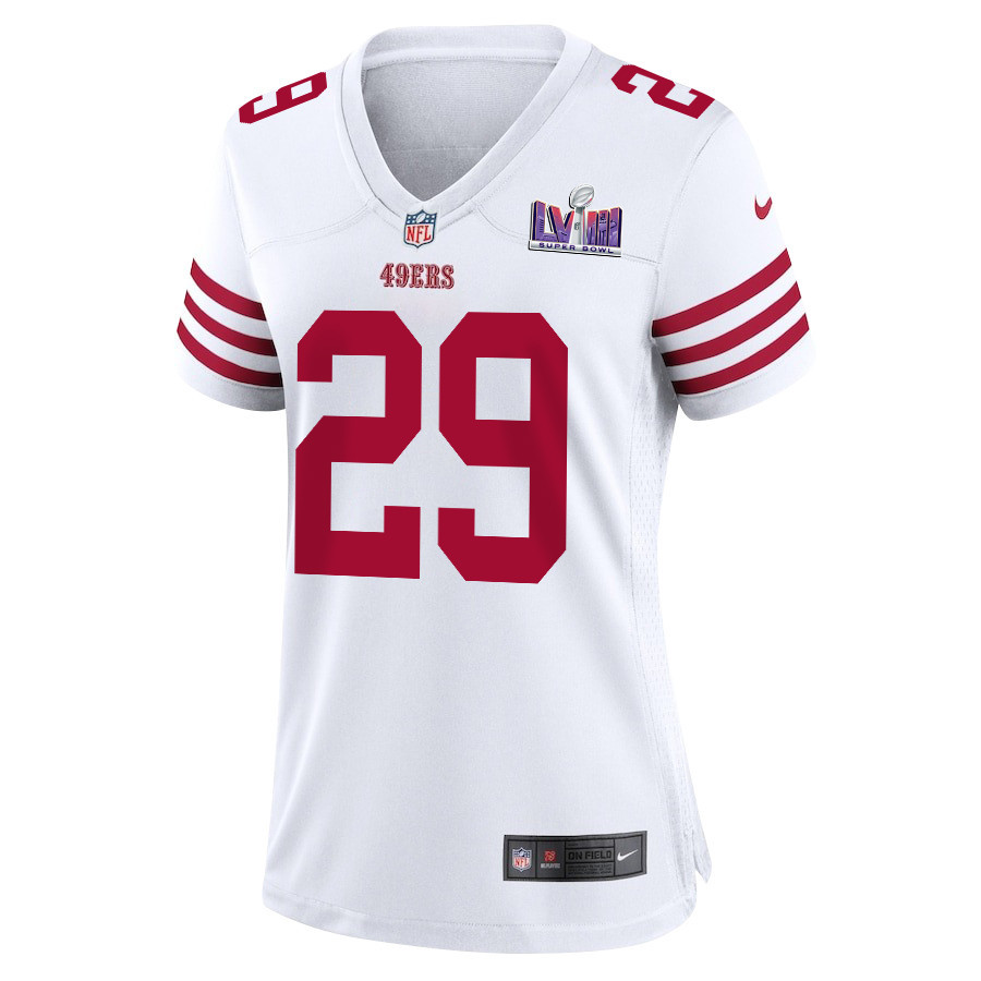 Alternative view of Talanoa Hufanga 29 San Francisco 49ers Super Bowl LVIII Patch Game Women Jersey - White JS9001 nicesnker