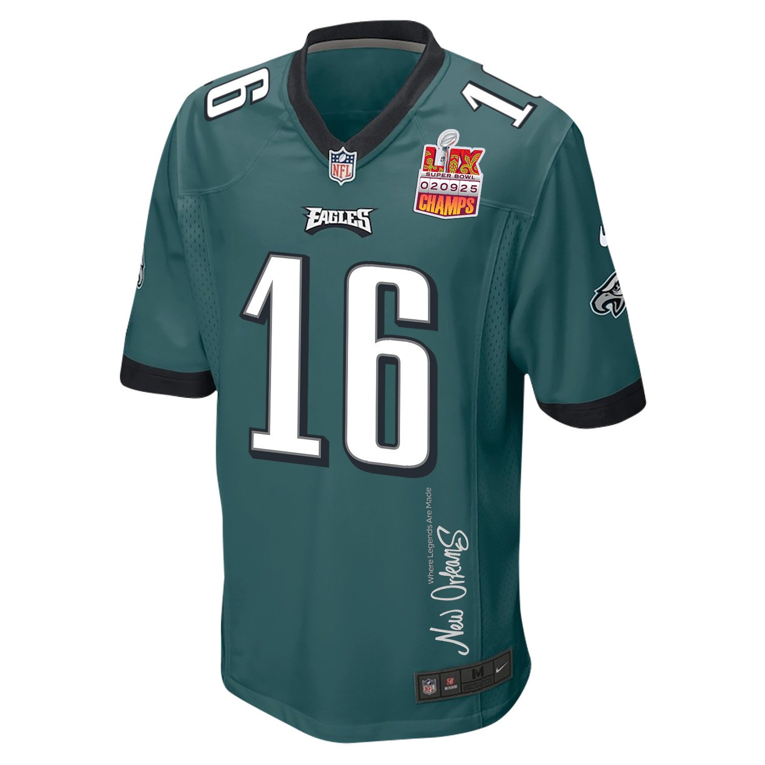 Tanner McKee 16 Philadelphia Eagles Super Bowl LIX Champions Patch 'New Orleans - Where Legends Are Made' EMBROIDERED Game Men Jersey - Midnight Green JS9478 nicesnker - Image 3