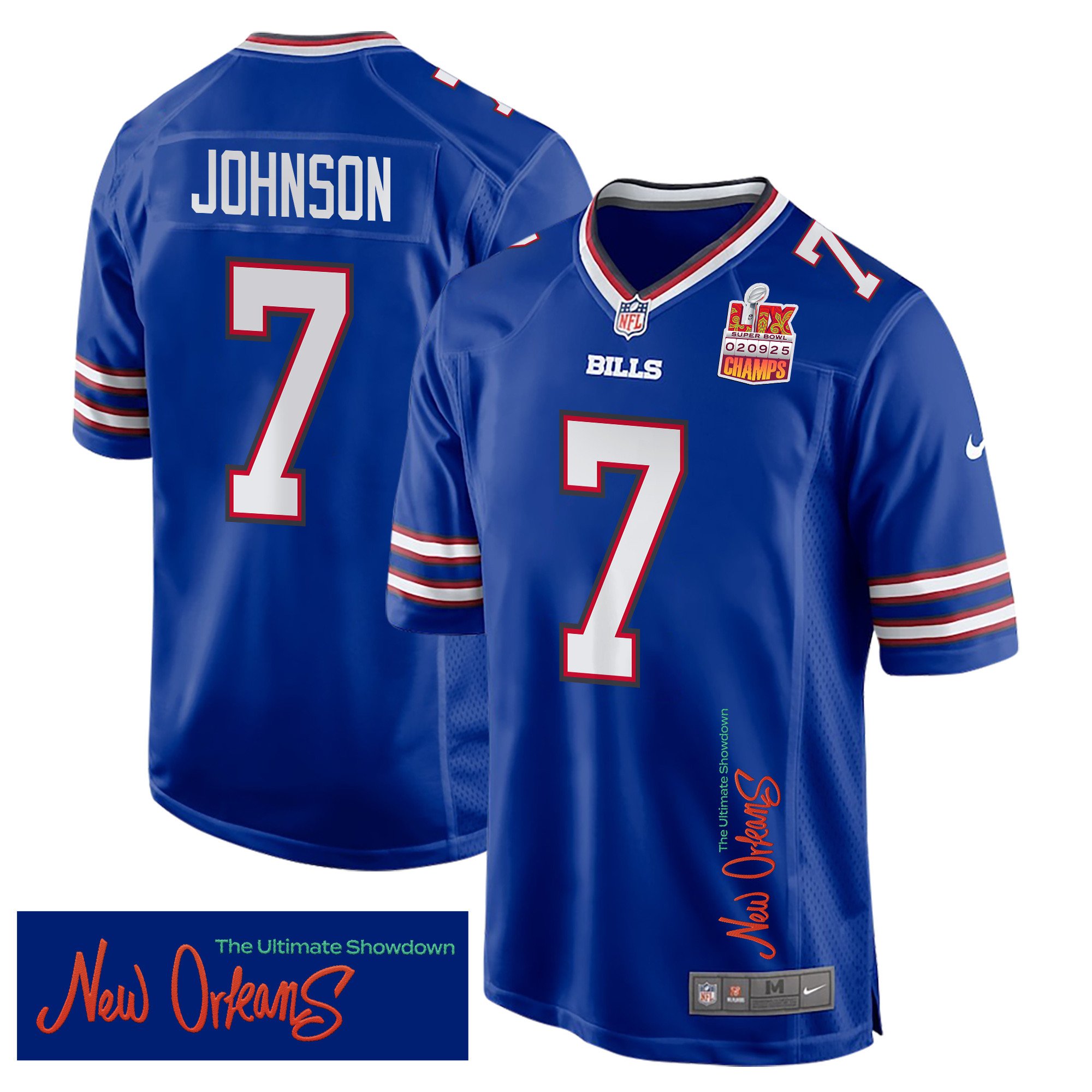Taron Johnson 7 Buffalo Bills Super Bowl LIX Champions Patch 'New Orleans - The Ultimate Showdown' EMBROIDERED Game Men Jersey - Royal JS4162 nicesnker