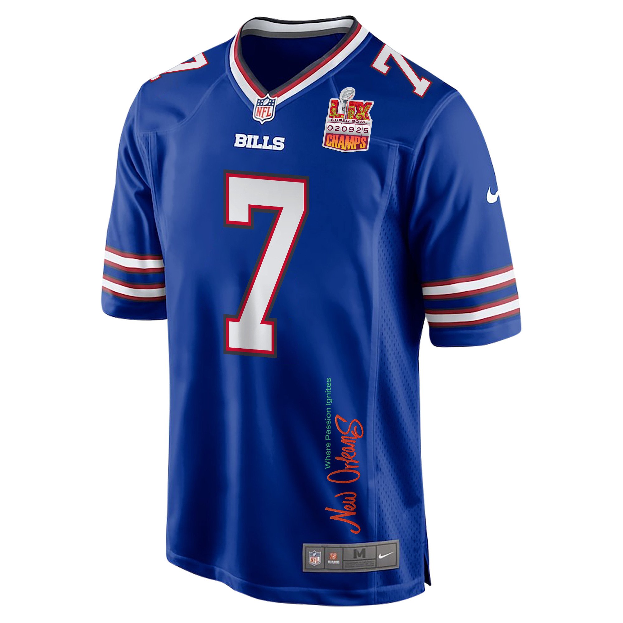 Taron Johnson 7 Buffalo Bills Super Bowl LIX Champions Patch 'New Orleans - Where Passion Ignites' EMBROIDERED Game Men Jersey - Royal JS4020 nicesnker - Image 3