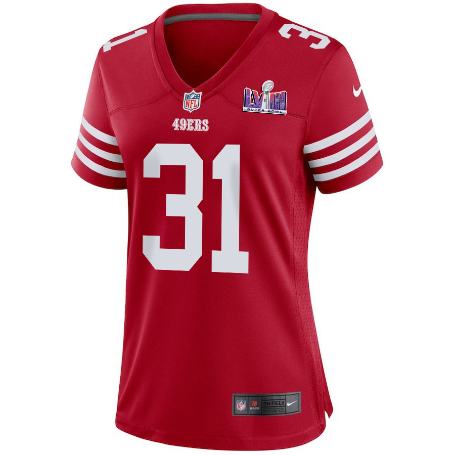 Alternative view of Tashaun Gipson Sr. 31 San Francisco 49ers Super Bowl LVIII Patch Game Women Jersey - Scarlet JS8390 nicesnker