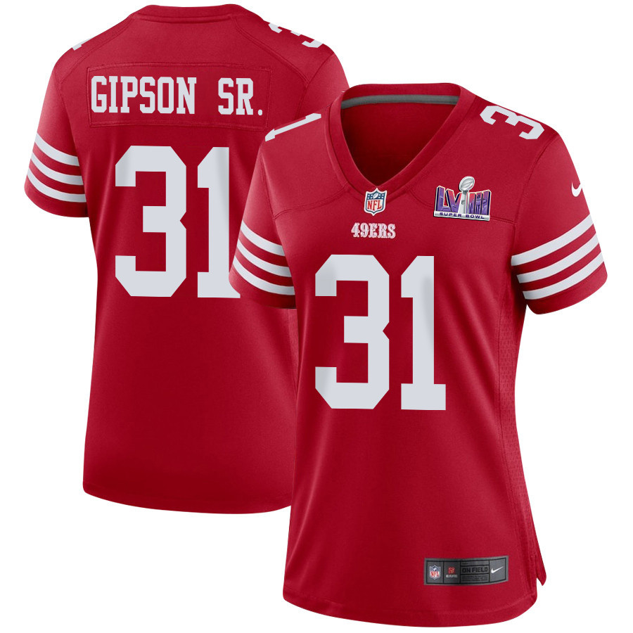 Tashaun Gipson Sr. 31 San Francisco 49ers Super Bowl LVIII Patch Game Women Jersey - Scarlet JS8390 nicesnker