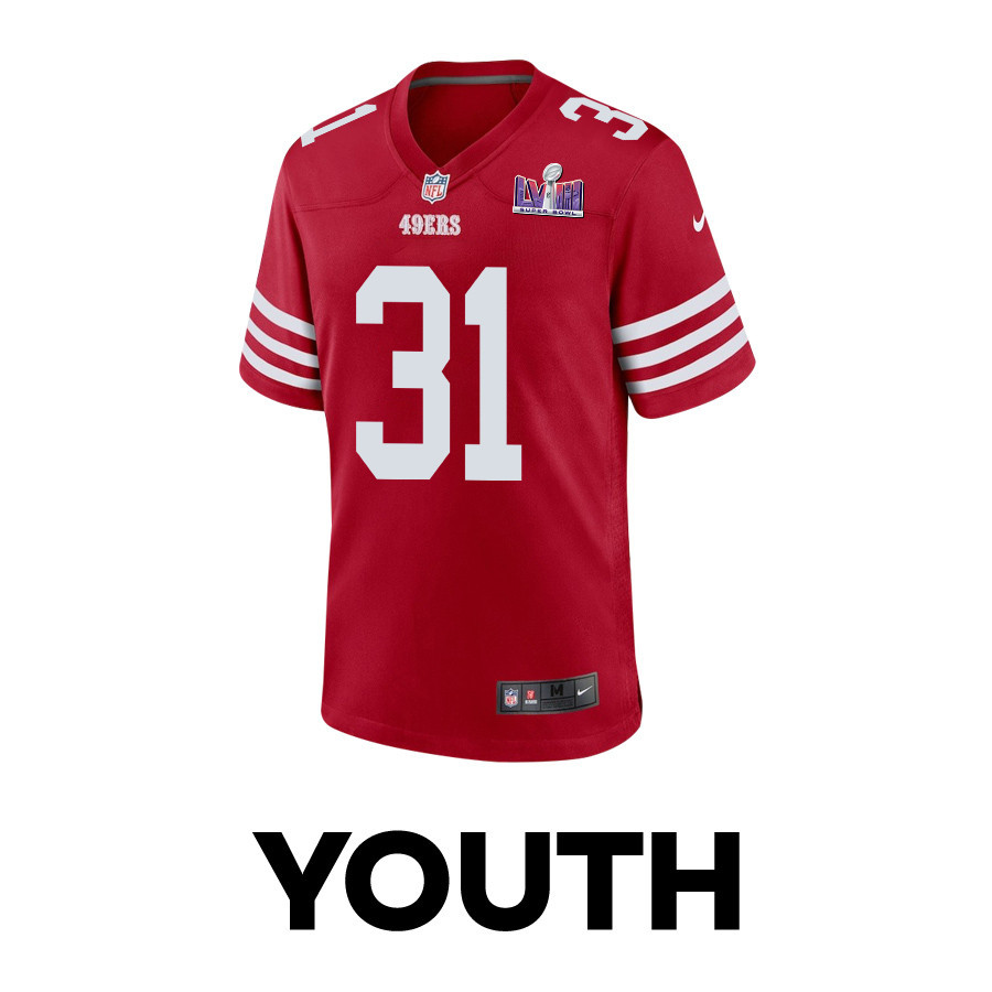 Alternative view of Tashaun Gipson Sr. 31 San Francisco 49ers Super Bowl LVIII Patch Game YOUTH Jersey - Scarlet JS4578 nicesnker