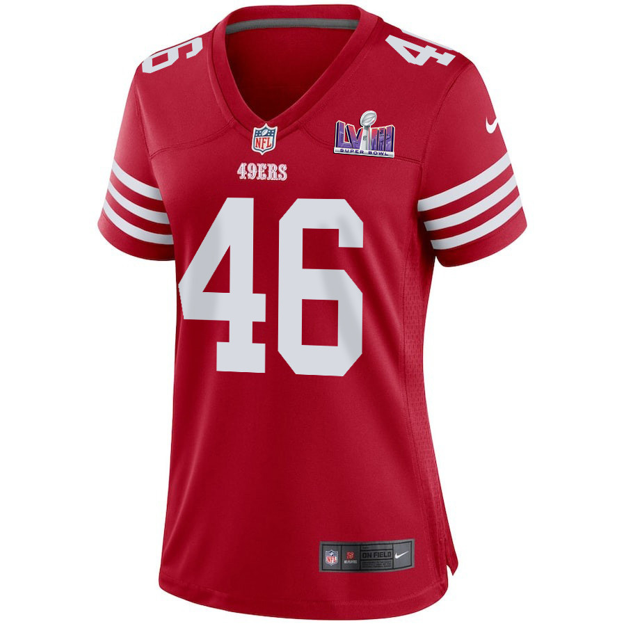 Alternative view of Taybor Pepper 46 San Francisco 49ers Super Bowl LVIII Patch Game Women Jersey - Scarlet JS5586 nicesnker