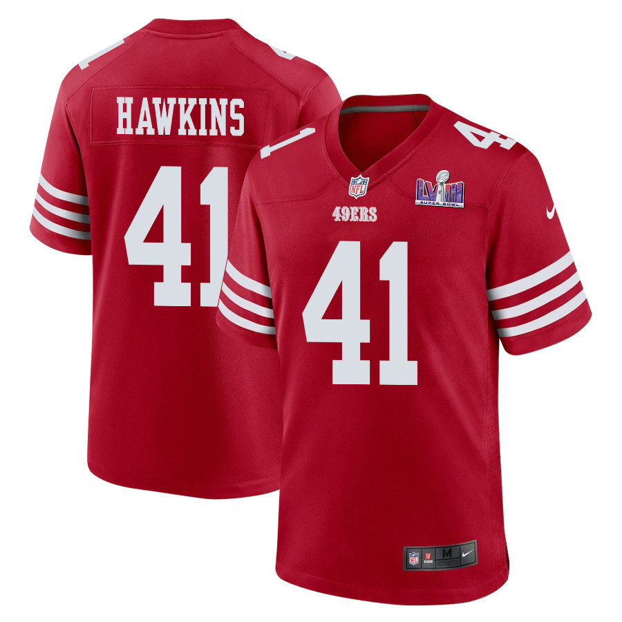 Tayler Hawkins 41 San Francisco 49ers Super Bowl LVIII Patch Game Men Jersey - Scarlet JS2307 nicesnker