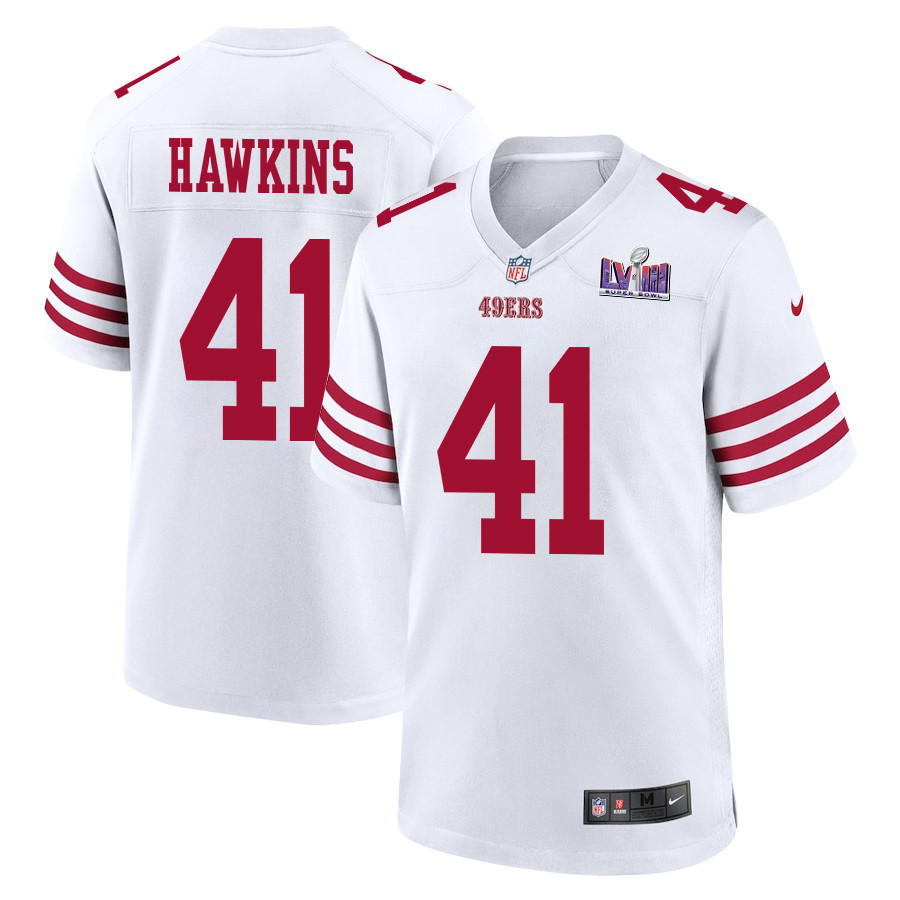 Tayler Hawkins 41 San Francisco 49ers Super Bowl LVIII Patch Game Men Jersey - White JS8875 nicesnker
