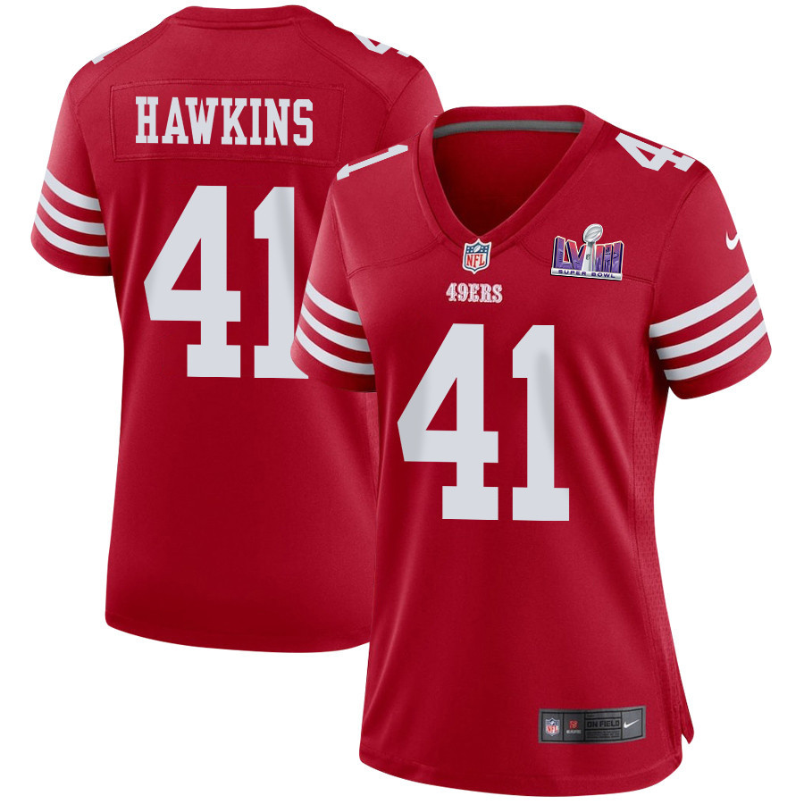 Tayler Hawkins 41 San Francisco 49ers Super Bowl LVIII Patch Game Women Jersey - Scarlet JS6906 nicesnker