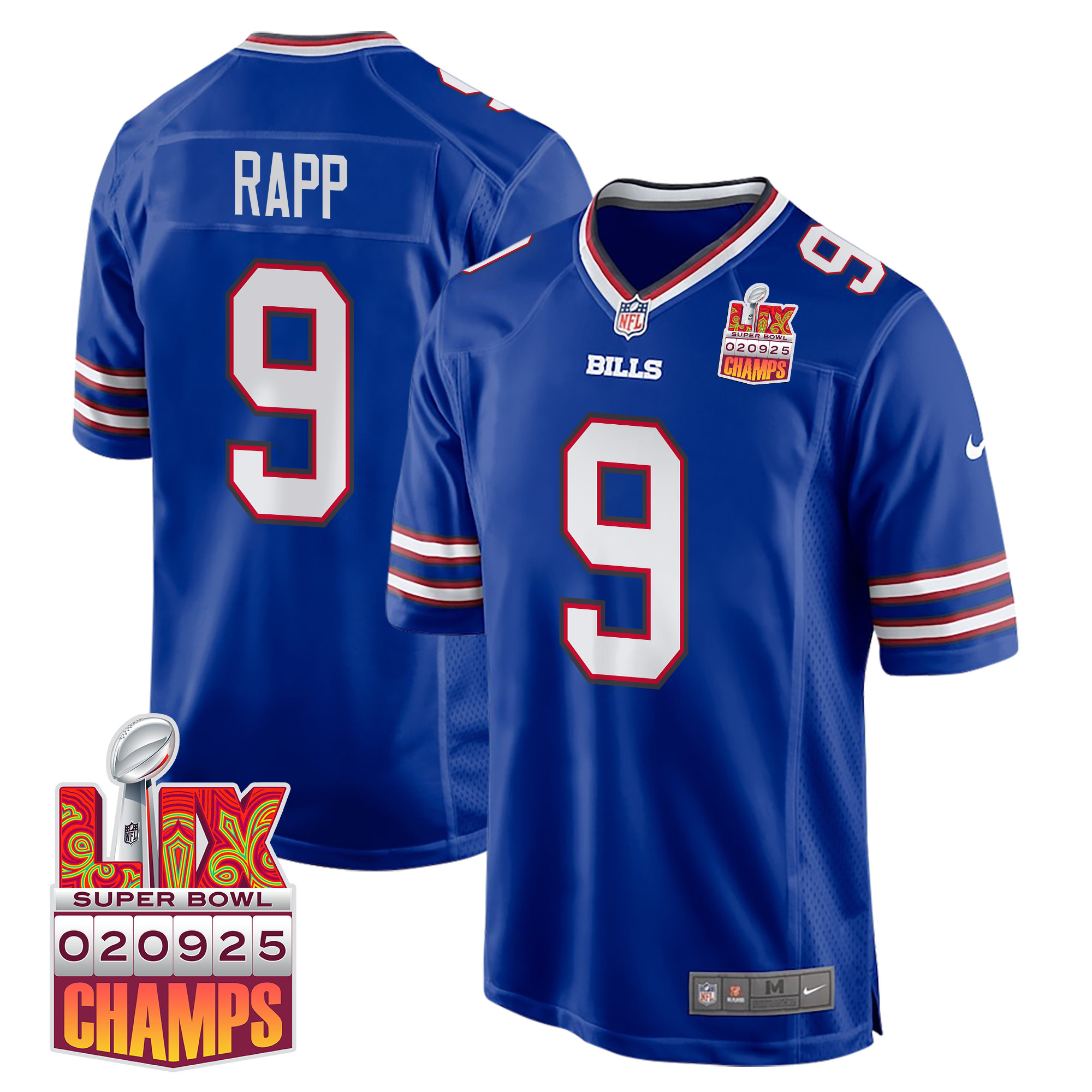 Taylor Rapp 9 Buffalo Bills Super Bowl LIX Champions Patch Game Men Jersey - Royal JS8535 nicesnker