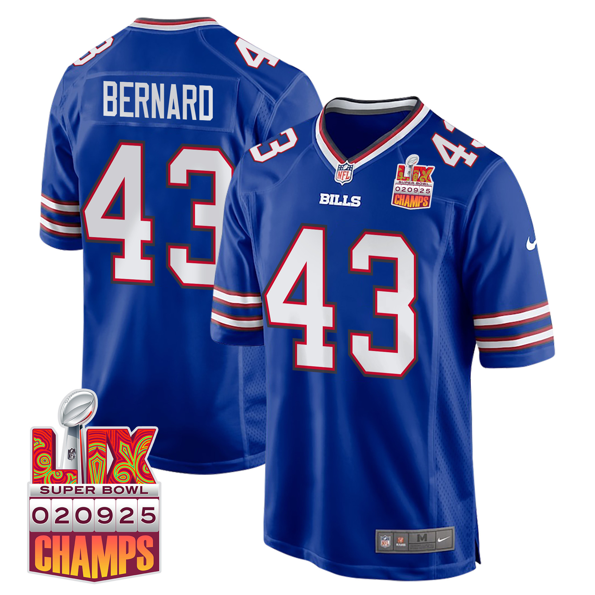 Terrel Bernard 43 Buffalo Bills Super Bowl LIX Champions Patch Game Men Jersey - Royal JS2563 nicesnker