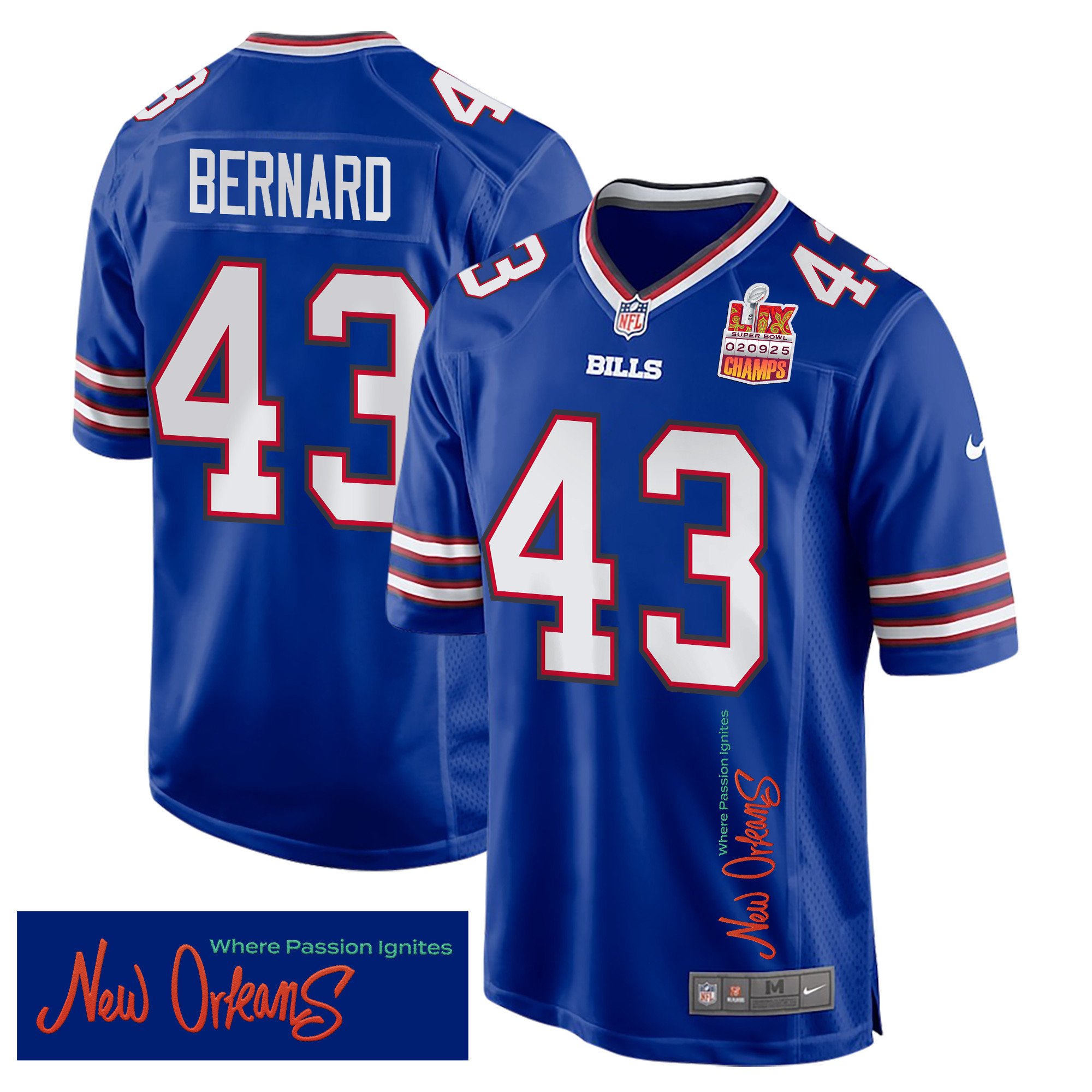 Terrel Bernard 43 Buffalo Bills Super Bowl LIX Champions Patch 'New Orleans - Where Passion Ignites' EMBROIDERED Game Men Jersey - Royal JS5029 nicesnker