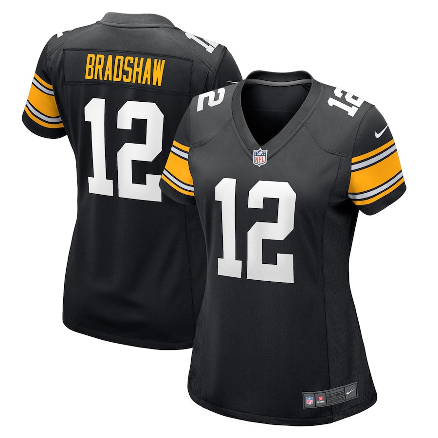 Terry Bradshaw 12 Pittsburgh Steelers Women Retired Jersey - Black JS8735 nicesnker