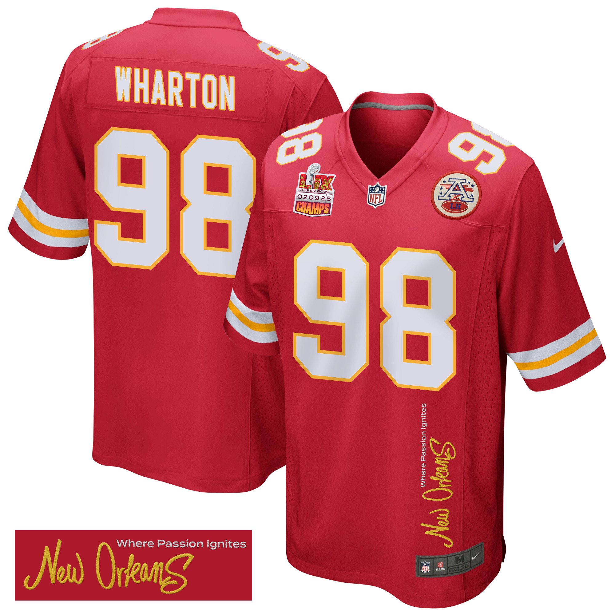 Tershawn Wharton 98 Kansas City Chiefs Super Bowl LIX Champions Patch 'New Orleans - Where Passion Ignites' EMBROIDERED Game Men Jersey - Red JS9507 nicesnker