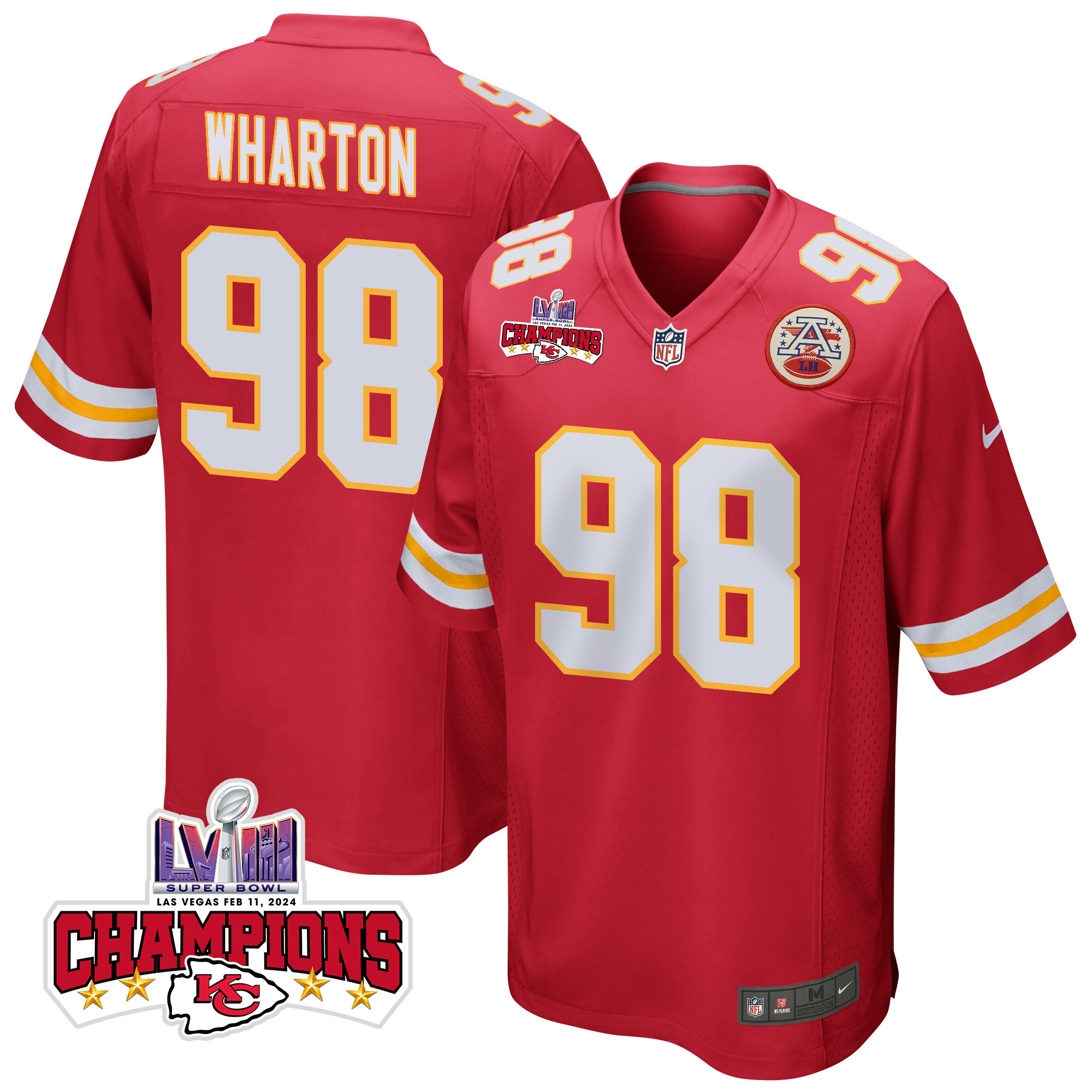 Tershawn Wharton 98 Kansas City Chiefs Super Bowl LVIII Champions 4 Stars Patch Game Men Jersey - Red JS8895 nicesnker