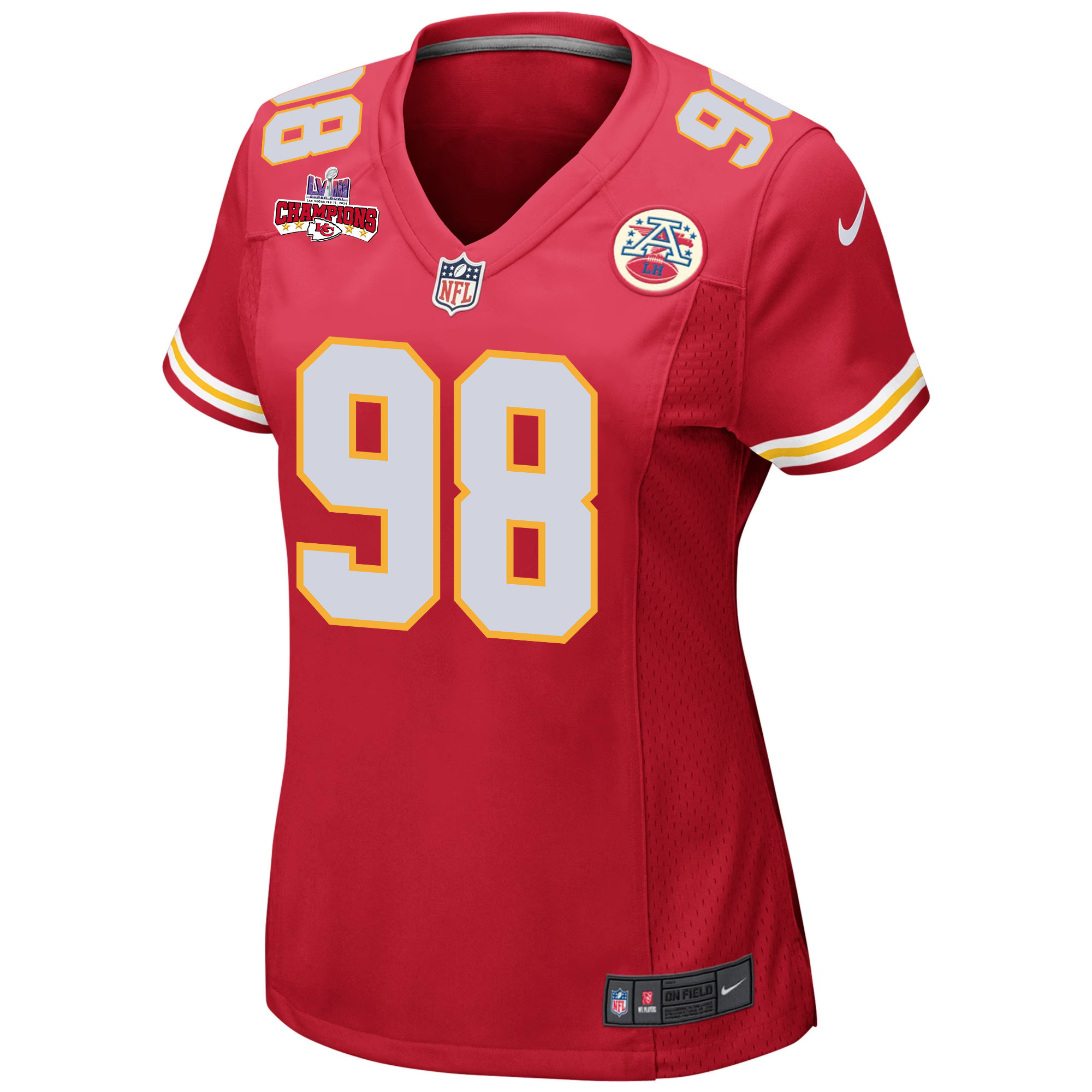 Alternative view of Tershawn Wharton 98 Kansas City Chiefs Super Bowl LVIII Champions 4 Stars Patch Game Women Jersey - Red JS9240 nicesnker