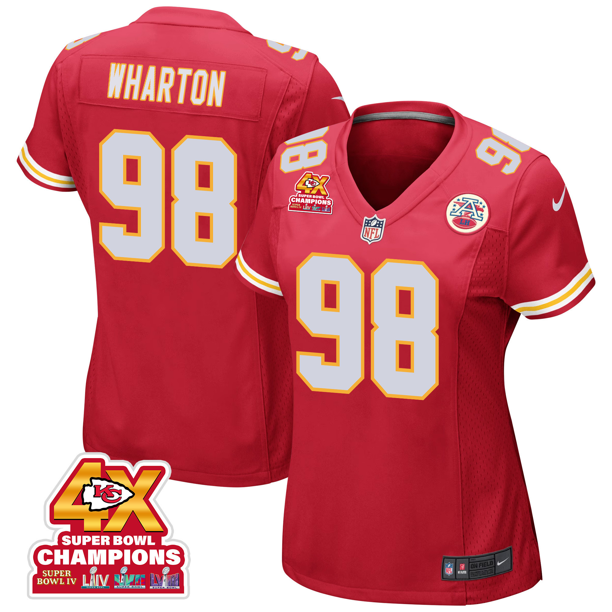 Tershawn Wharton 98 Kansas City Chiefs Super Bowl LVIII Champions 4X Game Women Jersey - Red JS8526 nicesnker