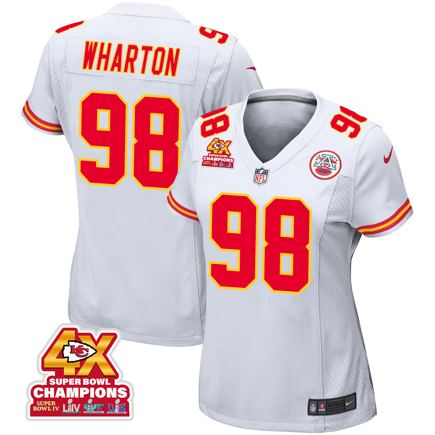Tershawn Wharton 98 Kansas City Chiefs Super Bowl LVIII Champions 4X Game Women Jersey - White JS7654 nicesnker