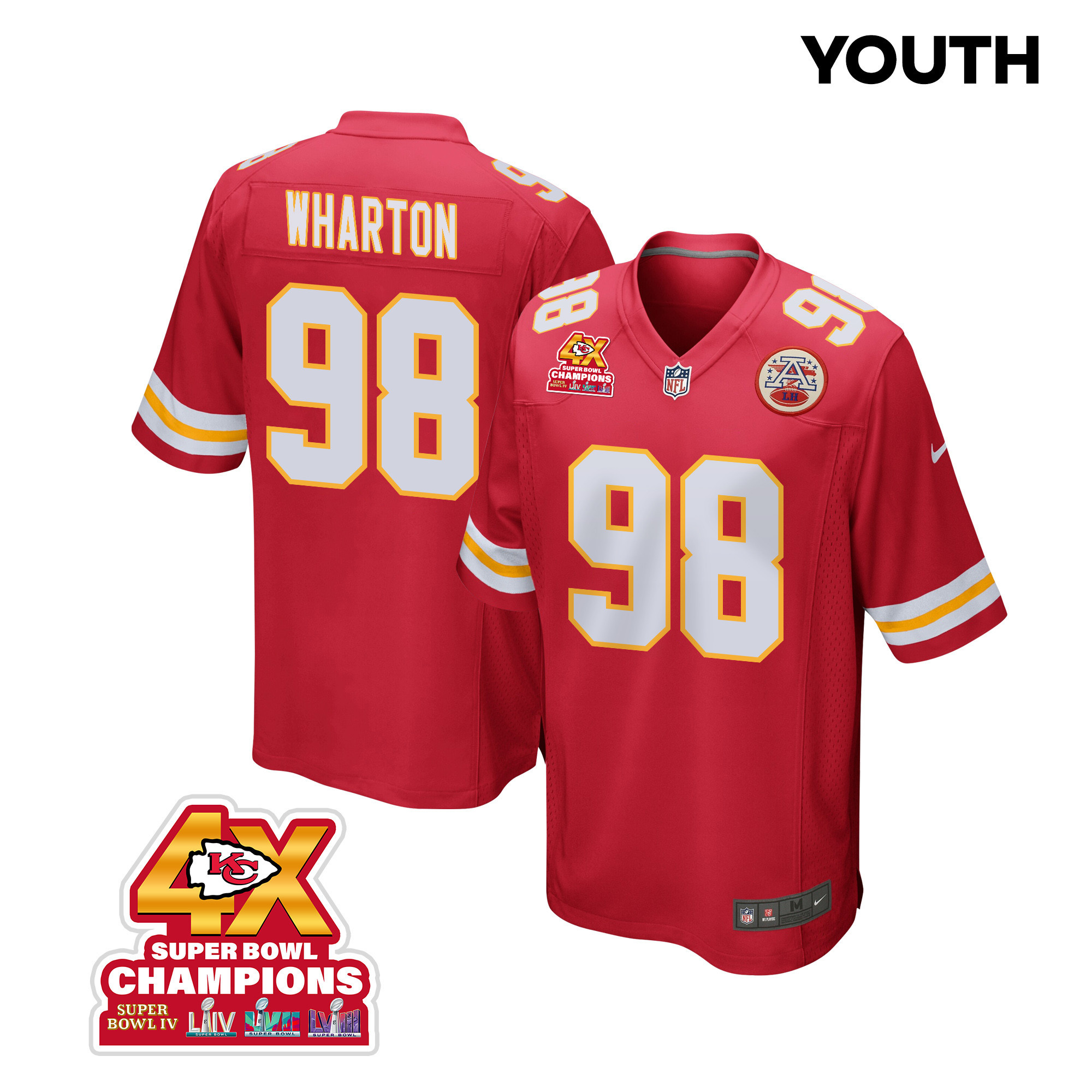 Tershawn Wharton 98 Kansas City Chiefs Super Bowl LVIII Champions 4X Game YOUTH Jersey - Red JS6071 nicesnker